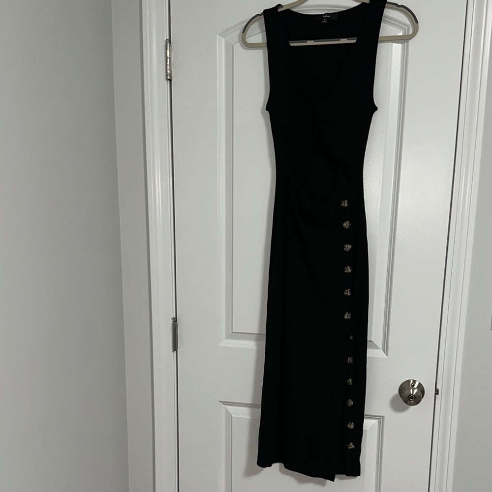 Lulu's Black Midi Dress with Button Detail